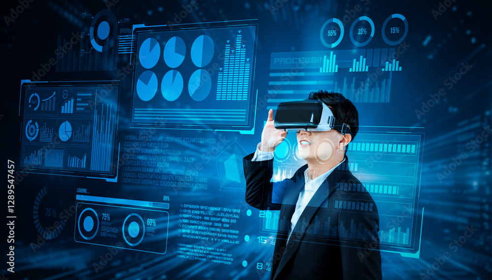 Poster smart business man connecting at global network by using vr glasses. project manager accessing big d
