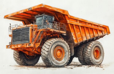 Obraz premium Detailed illustration of an orange industrial dump truck in side profile