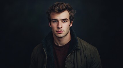 Fototapeta premium Portrait of a Young Man in a Dark Setting with Casual Attire
