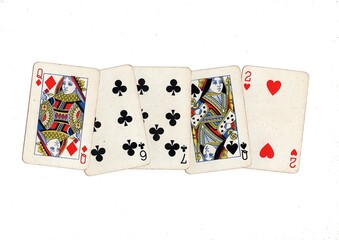 A hand of vintage playing cards on a white background.