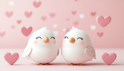 Two Cute Birds Surrounded By Pink Hearts In A Scene