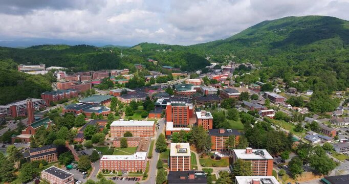 Aerial view of Boone, old historical town in North Carolina Blue Ridge Mountains. Beautiful historic American architecture