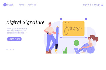 People signing contract with digital pen on phone. Digital signature, business contract, electronic contract, e-signature concept. Vector illustration in flat design for web banner, mobile app