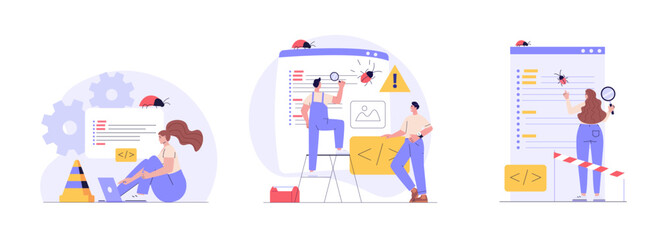 Software testing illustration set. Coders working with code testing and debugging, searching bugs. Collection of software testing, bug report, quality assurance, fixing program code. Vector design