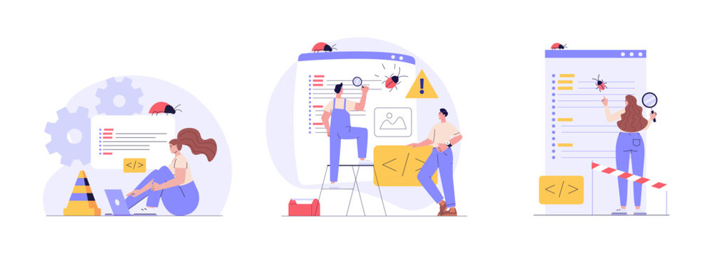 Software testing illustration set. Coders working with code testing and debugging, searching bugs. Collection of software testing, bug report, quality assurance, fixing program code. Vector design