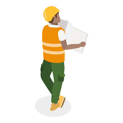 3D Isometric Flat Vector Illustration of Workers Construction Engineers, Construction Architects in Helmets with Tools and Blueprints.. Item 3