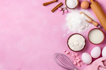 Baking ingredients including flour, eggs, milk, cinnamon sticks and whisk on pink background. Flat lay composition with copy space. Homemade cooking and pastry preparation concept for design and print