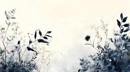 Ink-wash botanical border designs for artistic compositions