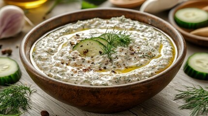 Creamy dip, cucumber slices, herbs, wooden bowl, kitchen