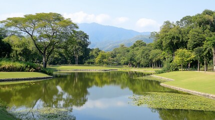Fototapeta premium Serene mountain golf course lake