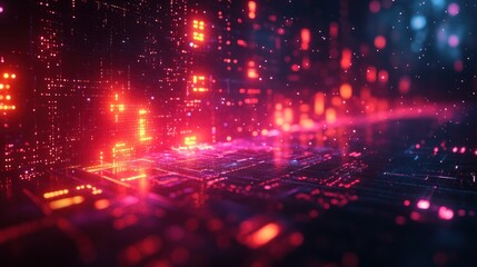 Abstract digital city, glowing, futuristic architecture, technology background, possible use in tech presentations