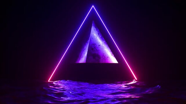 owing neon geometric shapes rotating on reflective black surfaces with copy space in seamless loops.