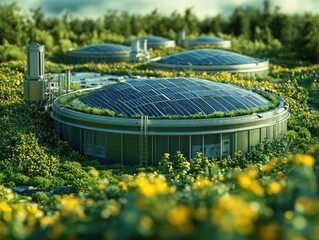 Obraz premium Solar Panels Powering Eco-Friendly Water Treatment Plant, Green Energy Innovation