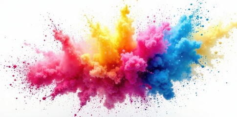 Swirling rainbow Holi powder explosion Wide isolated white backdrop , powder explosion, powder, multicolor