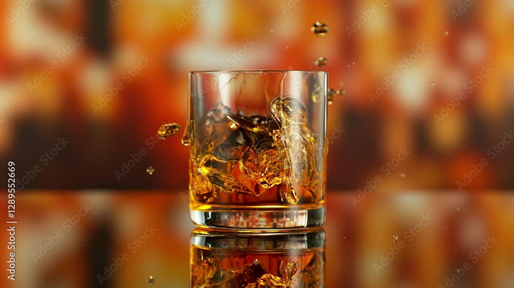 Fototapete Super Slow Motion of Falling Ice into Glass of Whiskey. Filmed on High Speed Cinema Camera, 1000 fps. Bar on Background, Low Depth of Focus. Speed Ramp Effect.