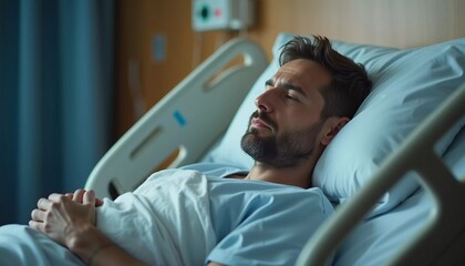 Obraz premium Young man lies in a hospital bed, eyes closed and peaceful, as he faces illness with strength and hope, surrounded by a clinical environment promoting healing. Generative AI.