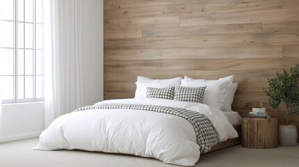 Fototapeta premium Modern bedroom interior with white bedding and wooden wall. Possible use Stock photo for home decor, interior design