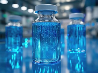 Blue Liquid in Glass Bottles: Lab Science Experiment