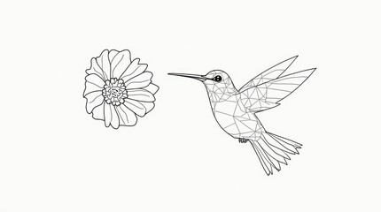 Fototapeta premium Geometric Line Art Hummingbird and Flower