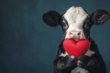 Marketing creative art. Cute cow baby with domestic animal toy red heart - emblem of love, funny greeting card. Cow - my beloved animal. Advertising concept. Valentine's day love stories.