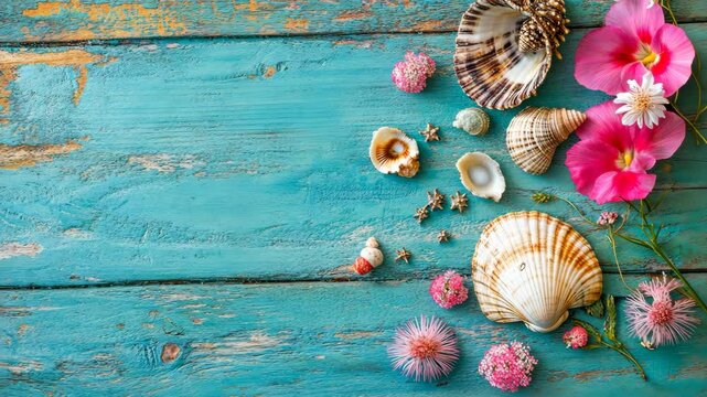 Colorful display of seashells and flowers arranged on a rustic wooden background