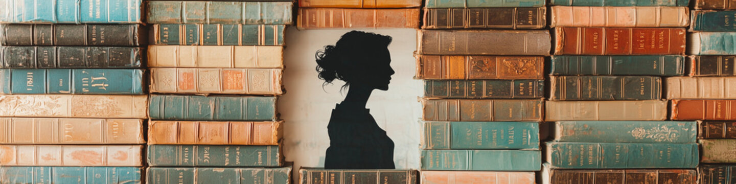 Silhouette of Woman Among Vintage Bookshelves 