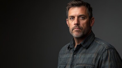 Obraz premium Portrait of a Thoughtful Man in a Casual Flannel Shirt Against a Dark Background