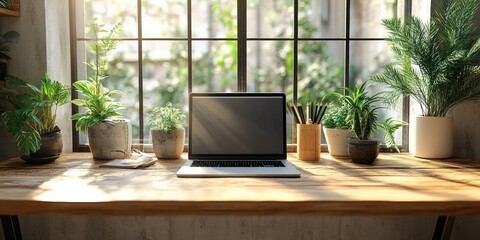 Fototapeta premium Workplace with laptop, copy space. Stylish workplace with laptop