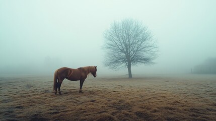 Horse in Foggy Field Landscape