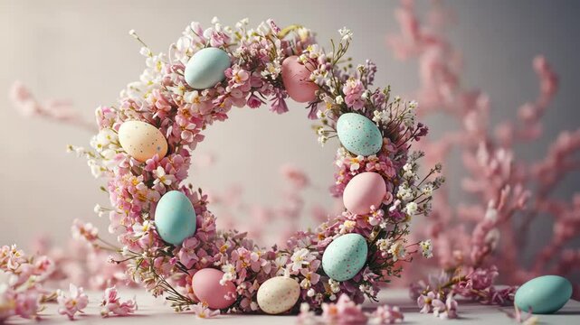 Delicate floral wreath with pastel easter eggs amidst blossoming pink sprigs