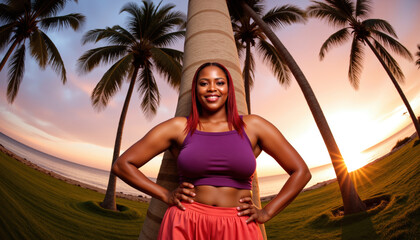 A joyful woman with dark skin and red braided hair, wearing a purple crop top and pink skirt, showcasing her toned figure and breasts, stands confidently amidst palm trees during a vibrant sunset.