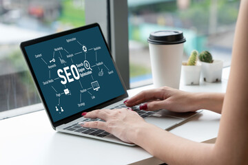 SEO search engine optimization for modish e-commerce and online retail business showing on computer...