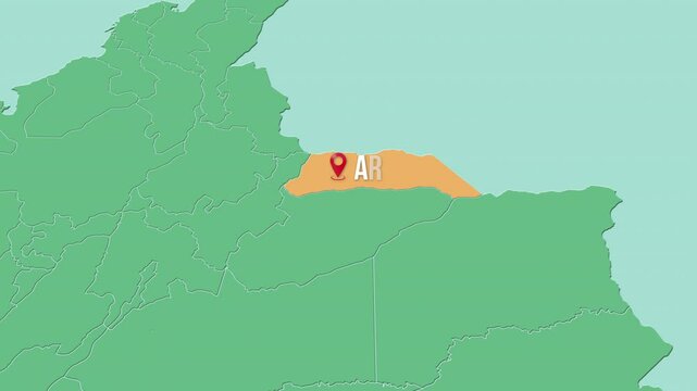 Mapa de Colombia con divisi&oacute;n pol&iacute;tica resaltando el estado Arauca.