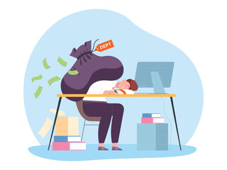 Businessman debt bag. Borrower stress man with big burden unpaid financial loan, business bankrupt carrying heavy weight with money economic trouble concept vector illustration