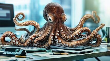 An octopus is sitting at a cluttered office desk, appearing busy with paperwork and office tools, symbolizing multitasking and adaptability in a modern workspace.