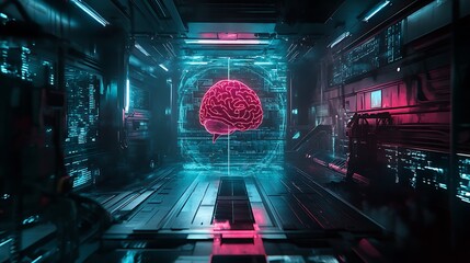 Obraz premium Brain Hologram in Futuristic Sci-fi Corridor Depicting Artificial Intelligence Concept