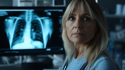 Female doctor examines chest X-ray in a medical facility with a blurred background