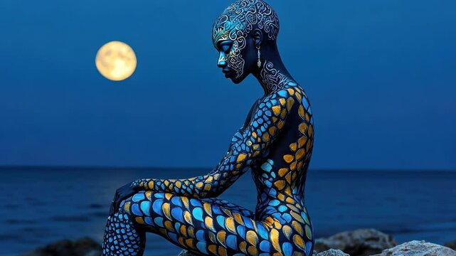 Artistic model posing with full moon and ocean background