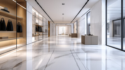 Fototapeta premium High-End Retail Space Showcasing Polished Marble Floors and a Sleek, Glossy White Background, Enhanced by Lighting, Shadows, Creating a Sophisticated Minimalist Setting Perfect for Luxury Product Disp