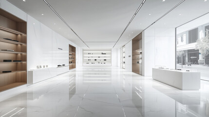 High-End Retail Space Showcasing Polished Marble Floors and a Sleek, Glossy White Background, Enhanced by Lighting, Shadows, Creating a Sophisticated Minimalist Setting Perfect for Luxury Product Disp