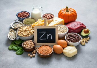 Assorted foods rich in zinc including nuts, seeds, and dairy on a gray background