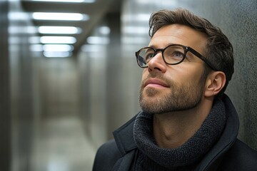 Thoughtful Young Man in Glasses Contemplating in Modern Urban Hallway, Exuding Confidence and Style