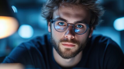man with glasses looking intensely at camera