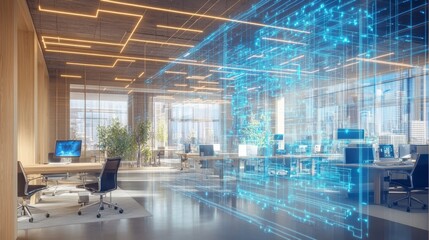 Modern office interior with digital overlay