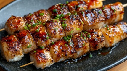 Grilled mochi skewers, glazed, restaurant, close-up, food photography