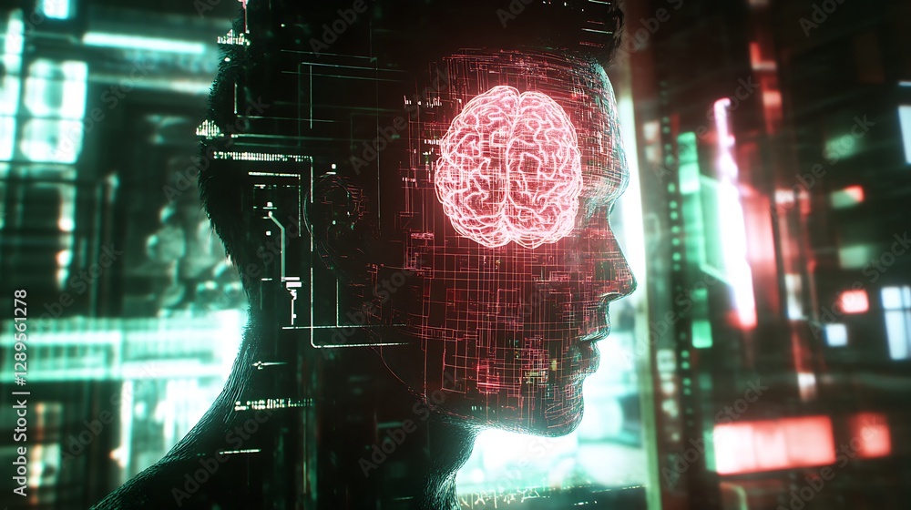 Poster artificial intelligence head with glowing brain and tech futuristic environment