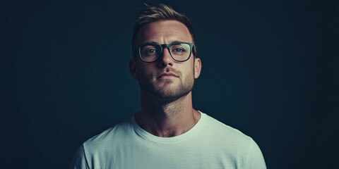 Obraz premium Confident Young Man in Glasses Against a Dark Background