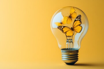 A traditional light bulb contains vibrant yellow butterflies inside, set against a soft yellow background