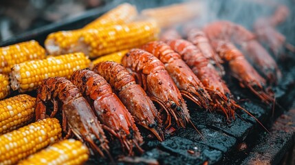 Grilled prawns and corn on cob, smoky outdoor BBQ