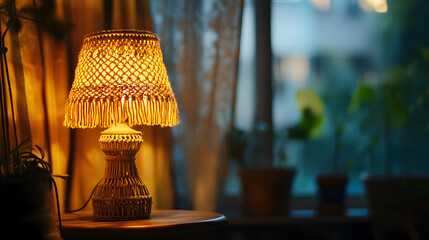 A bohemian-style table lamp with a macramé-covered shade and a warm glow creating a cozy atmosphere.